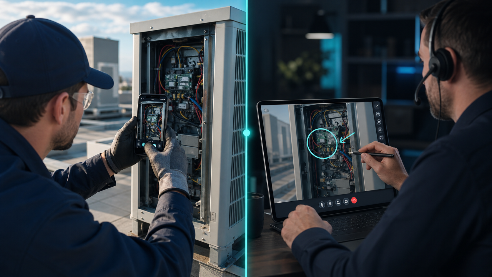 HVAC customer phone camera feeding a remote technician annotation console