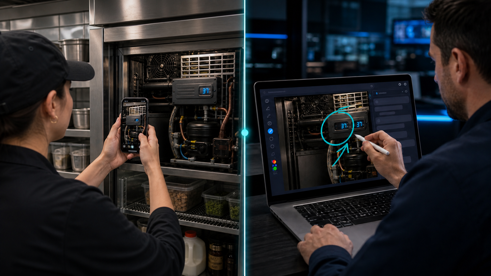 Refrigeration customer phone camera feeding a remote technician annotation console